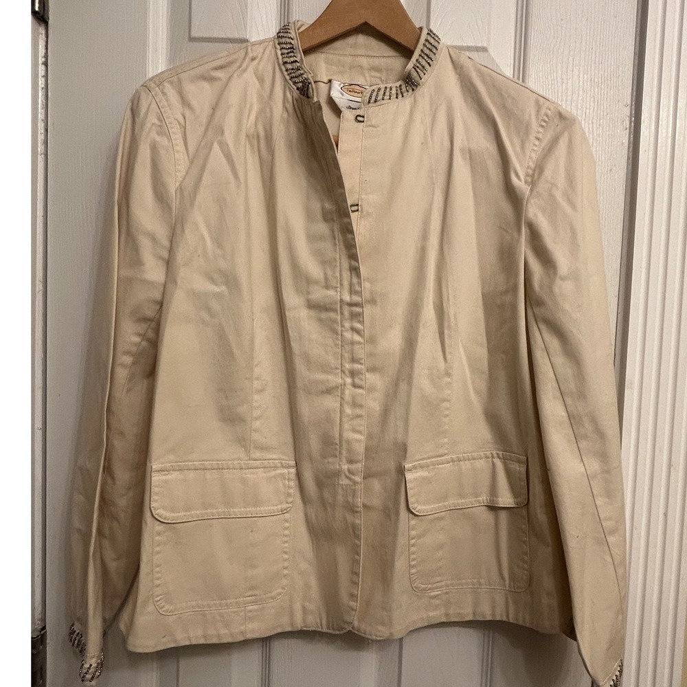 Talbots Womens 12 Tan Beige Beaded Trim Stretch Cotton Hook Eye Jacket Pockets